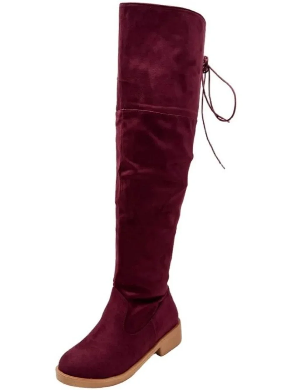 Women's Wine Red Faux Suede Back Lace Wide Calf Over-the-Knee Thigh-High Boots